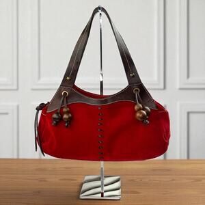 Vintage 90s Claudia Firenze Red Suede Leather Wood Shoulder Bag Italy Boho Tote